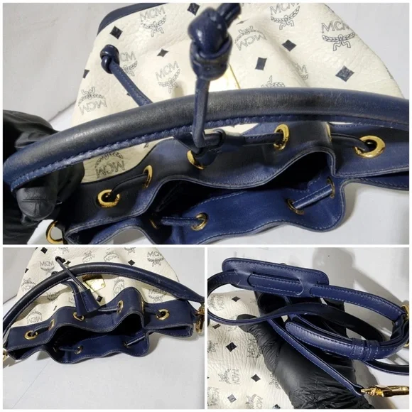 Authentic MCM 2way Visetos Small Drawstring Shoulder Bag White/Navy Blue - Picture 9 of 16